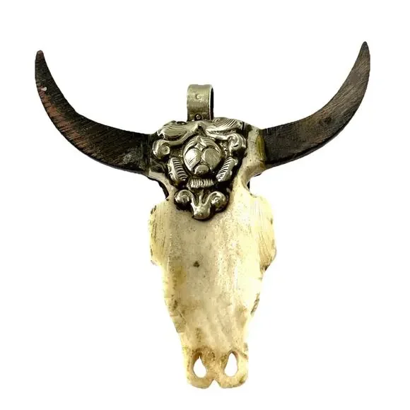 Western Steer Skull Style Pendant Turquoise Stone Southwestern Necklace Charm 3” - Picture 8 of 8